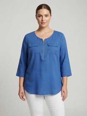 Ellen Tracy Linen Top 1/4 Zip Pocket Shirt Plus Size 1X EUC Coastal Nautical